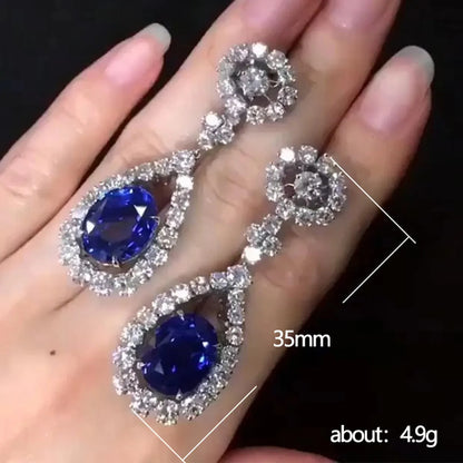 New Earrings Female Inlaid Sapphire Blue Zircon Long Copper Earrings Wholesale