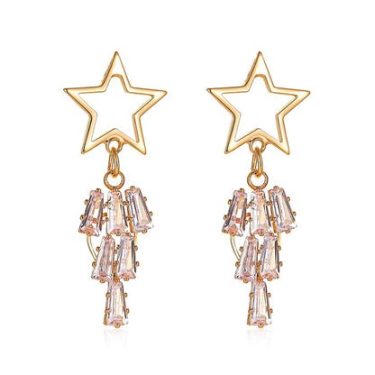 New Exaggerated Long Five-pointed Star Earrings Star Tassel Crystal Zircon Earrings Wholesale Gooddiy