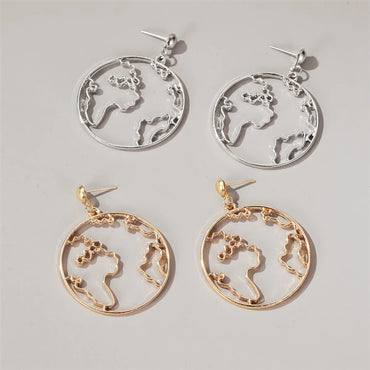 New Exaggerated Map Creative Design World Map Simple Round Hollow Earrings Wholesale