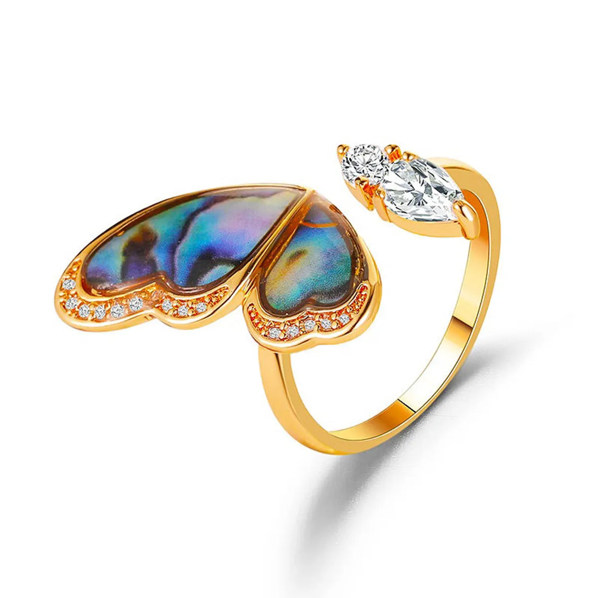 New Fantasy Seashell Wings Colorful Butterfly Micro-inlaid Zircon Copper Open Ring