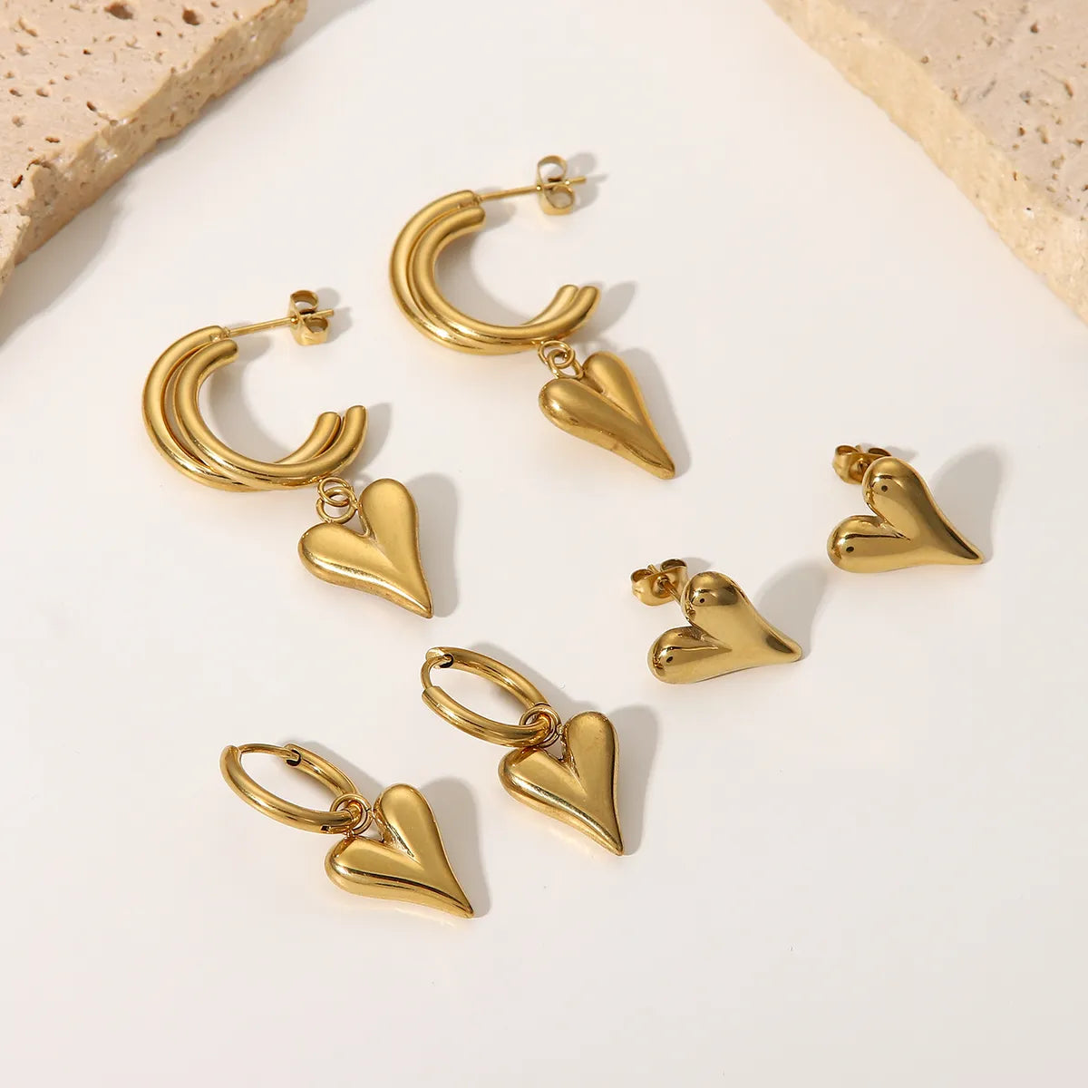 New Fashion 14k Gold Plated Stainless Steel Heart Pendant Earrings Women's Jewelry