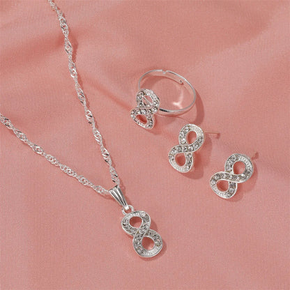 New Fashion All-match Diamond 8-shaped Necklace Earrings Ring Three-piece Jewelry Set Wholesale