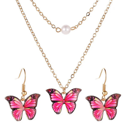 New Fashion Butterfly Necklace Color Double Pearl Butterfly Necklace Elegant Butterfly Earring Set Wholesale