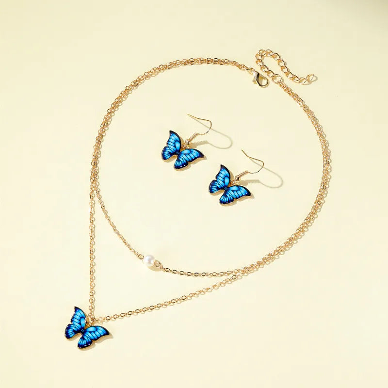 New Fashion Butterfly Necklace Color Double Pearl Butterfly Necklace Elegant Butterfly Earring Set Wholesale