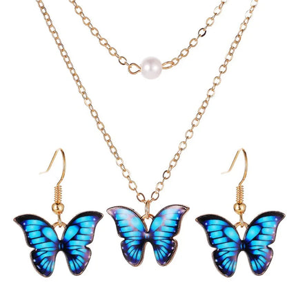 New Fashion Butterfly Necklace Color Double Pearl Butterfly Necklace Elegant Butterfly Earring Set Wholesale