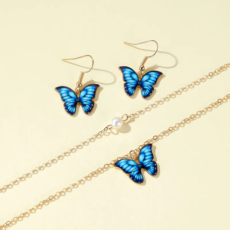 New Fashion Butterfly Necklace Color Double Pearl Butterfly Necklace Elegant Butterfly Earring Set Wholesale