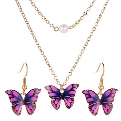 New Fashion Butterfly Necklace Color Double Pearl Butterfly Necklace Elegant Butterfly Earring Set Wholesale