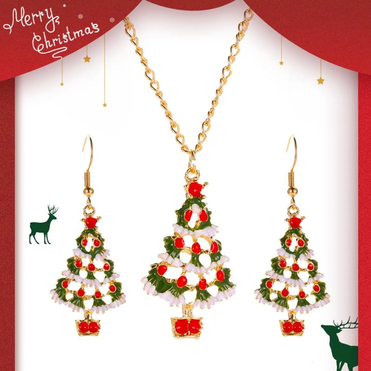 New Fashion Christmas Color Cute Dripping Oil Christmas Tree Earring Necklace Set Wholesale