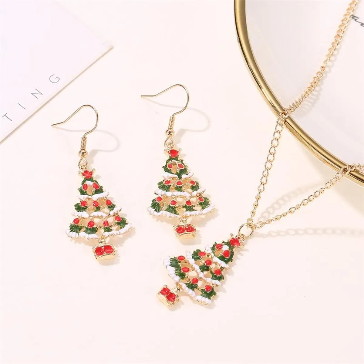 New Fashion Christmas Color Cute Dripping Oil Christmas Tree Earring Necklace Set Wholesale