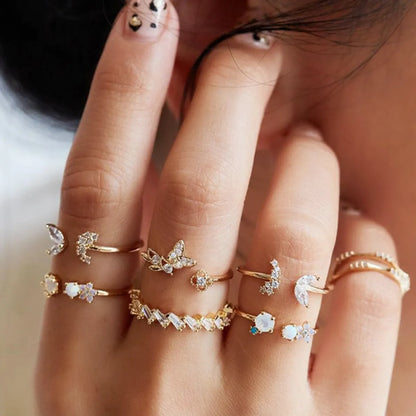 New Fashion  Diamond Butterfly Flower 7-Piece Retro Crystal Ring