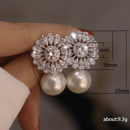 New Fashion Flower Pearl Zircon Earrings Bridal Engagement Copper Jewelry