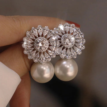 New Fashion Flower Pearl Zircon Earrings Bridal Engagement Copper Jewelry