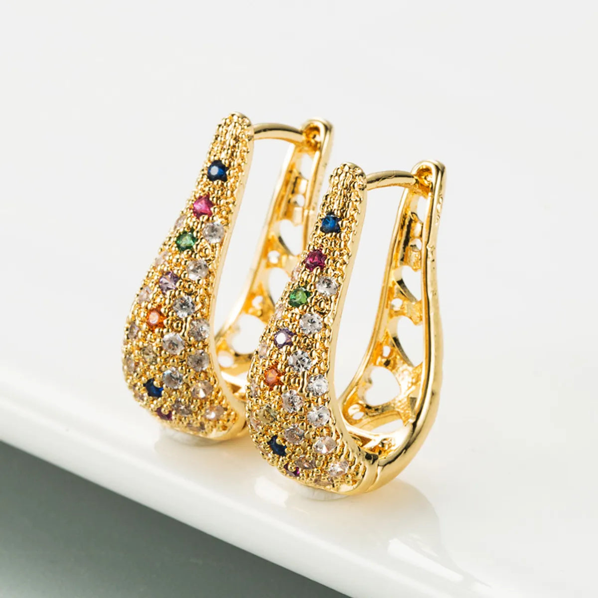 New Fashion Geometric U-shaped Hollow Micro-inlaid Color Zircon Earrings