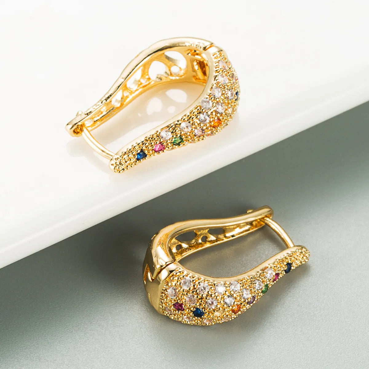 New Fashion Geometric U-shaped Hollow Micro-inlaid Color Zircon Earrings