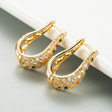 New Fashion Geometric U-shaped Hollow Micro-inlaid Color Zircon Earrings