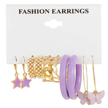 New Fashion Purple Pentagram Butterfly Shape Pearl Butterfly 5-piece Hoop Earrings Set