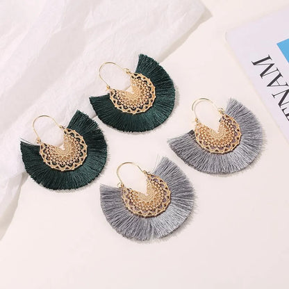 New Fashion Retro Exaggerated Fan-shaped Lace Pattern Tassel Earrings Wholesale