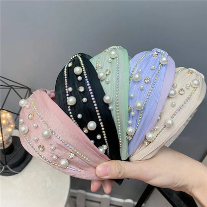 New Fashion Rhinestone Knotted Headband Pearl Flash Diamond Macaron Hair Accessories