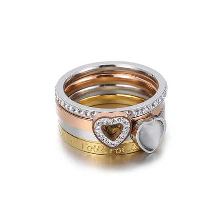 New Fashion Stainless Steel Combination Heart-shaped Full Diamond Multicolor Detachable Ring