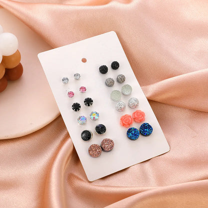 Foreign Trade New Frosted Earrings 12 Pairs Set European And American Fashion Minimalist Cute Flowers Geometric Small Earrings Ear Rings