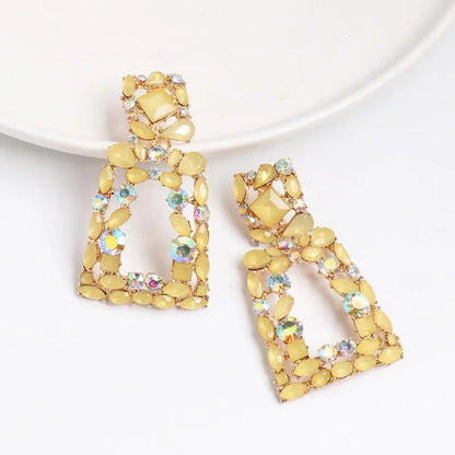 New Geometric Stained Glass Rhinestone Studded Hollow Earrings Nhjj142152