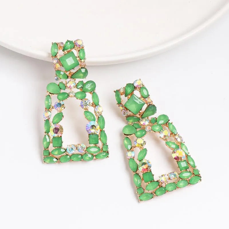 New Geometric Stained Glass Rhinestone Studded Hollow Earrings Nhjj142152