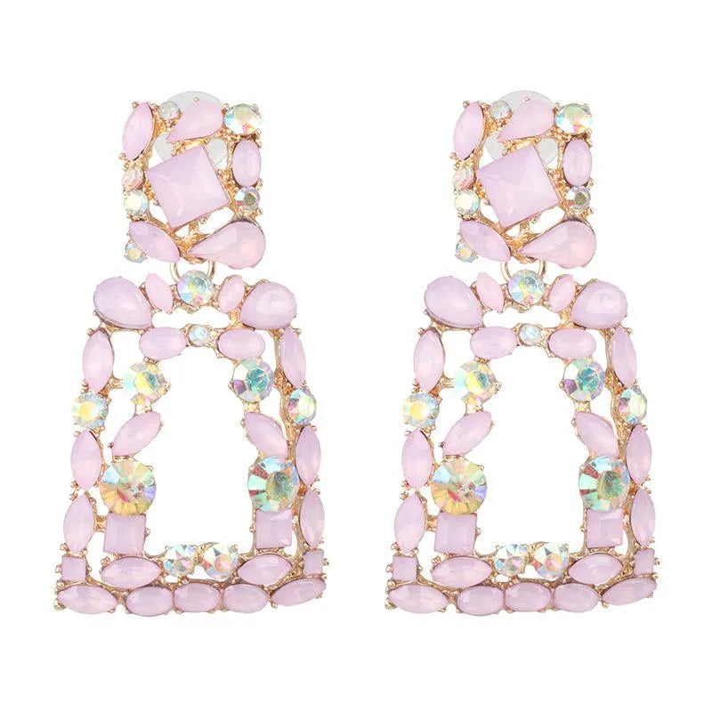 New Geometric Stained Glass Rhinestone Studded Hollow Earrings Nhjj142152