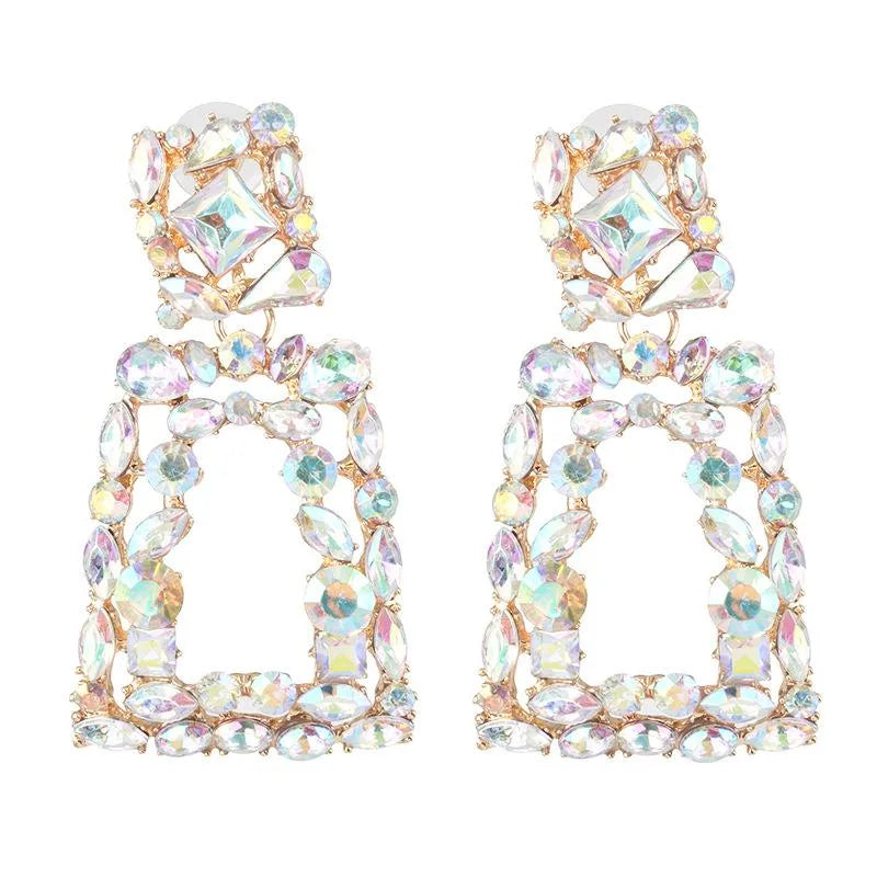 New Geometric Stained Glass Rhinestone Studded Hollow Earrings Nhjj142152