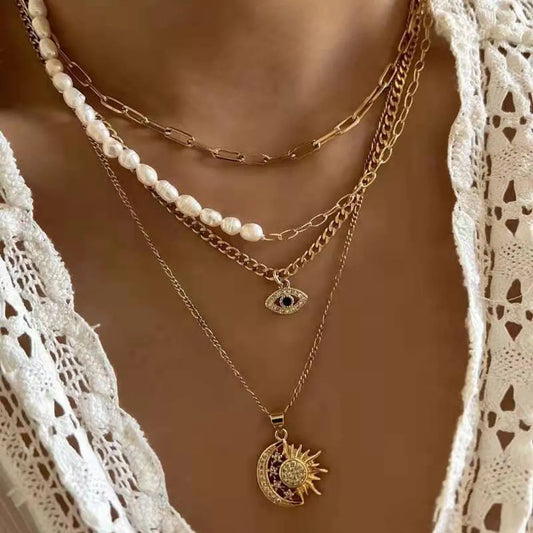 New Gold-Plated Pearl Eyes Multi-Layer Necklace Fashion Socialite Street Sweater Chain Female Factory Direct Sales