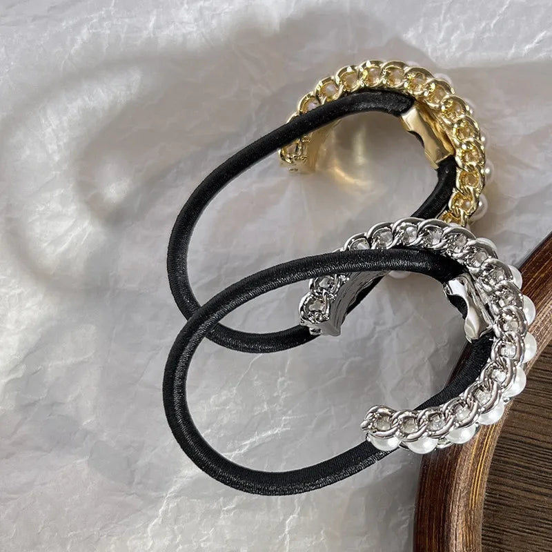 New Golden Silvery Chain  Inlaid Imitation Pearl Alloy Hair Tie