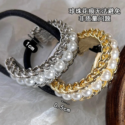 New Golden Silvery Chain  Inlaid Imitation Pearl Alloy Hair Tie