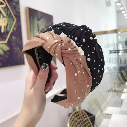 New Hair Accessories Solid Color Hot Drilling Pearl Knotted Twist Knot Wide-Brimmed Headband Female