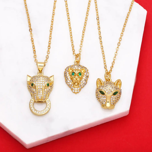 New Hip-hop Copper Inlaid Zircon Leopard Head Pendant Necklace