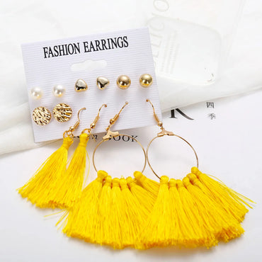 New Hot Sale Bohemian Moon Triangle Tassel Earring Set 6 Pairs Wholesale