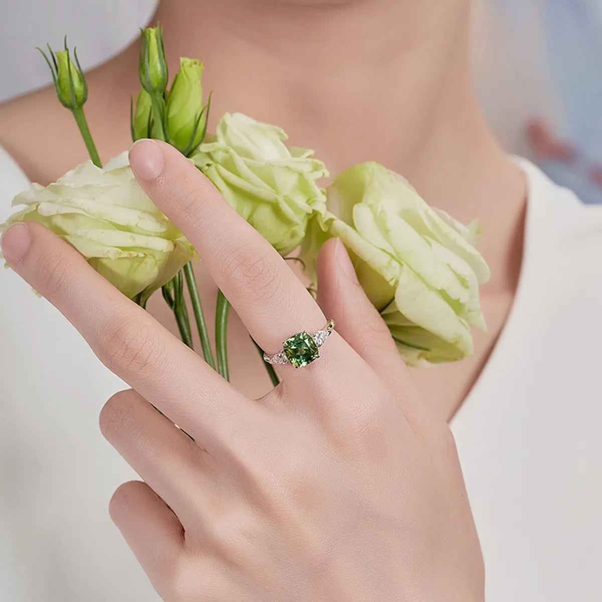 New Imitation Natural Green Tourmaline Square Diamond Apple Green Copper Open Ring