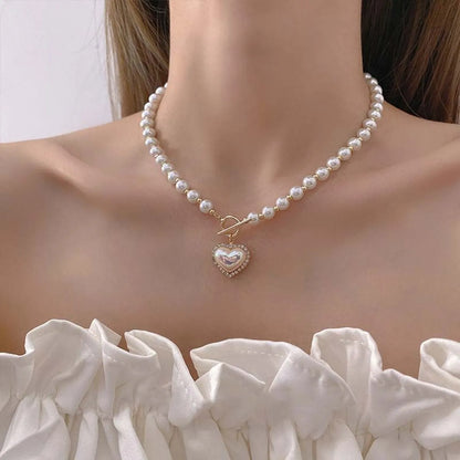 New Imitation Pearl Heart-shaped Sweet Simple Ot Buckle Collarbone Alloy Necklace