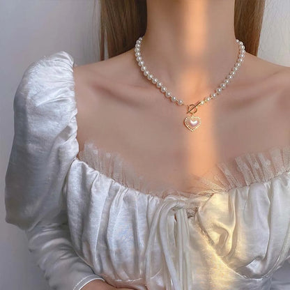 New Imitation Pearl Heart-shaped Sweet Simple Ot Buckle Collarbone Alloy Necklace