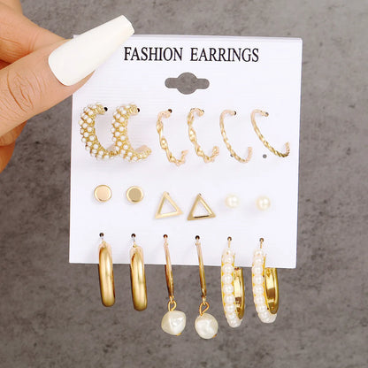 New Inlaid Pearl Gold Hoop Earring 6-Piece Set Wholesale Nihaojewelry