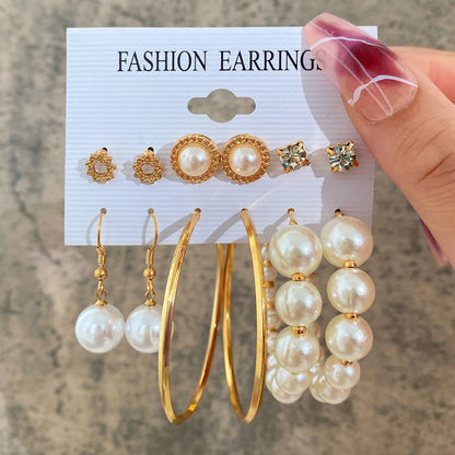 New Inlaid Pearl Gold Hoop Earring 6-Piece Set Wholesale Nihaojewelry