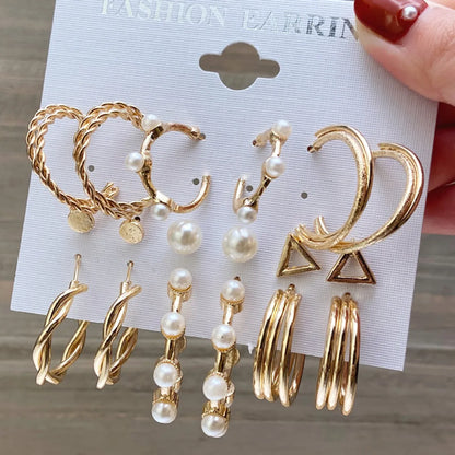 New Inlaid Pearl Gold Hoop Earring 6-Piece Set Wholesale Nihaojewelry