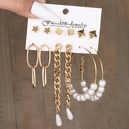 New Inlaid Pearl Gold Hoop Earring 6-Piece Set Wholesale Nihaojewelry