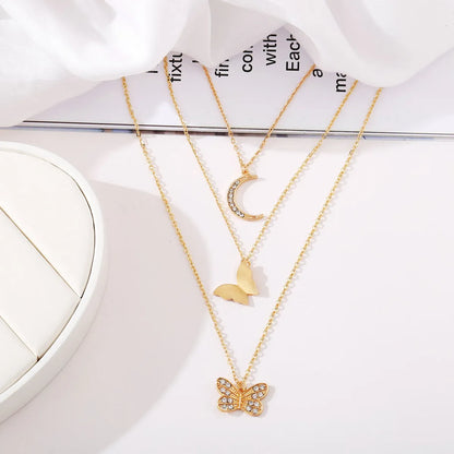 New Inlaid Rhinestone Butterfly  Creative Simple Alloy Three-layer Necklace