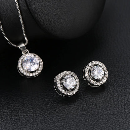 New Jewelry Fashion Temperament Necklace Earrings Two-piece Geometric Round Zircon Suit Earrings Pendant Wholesale Gooddiy