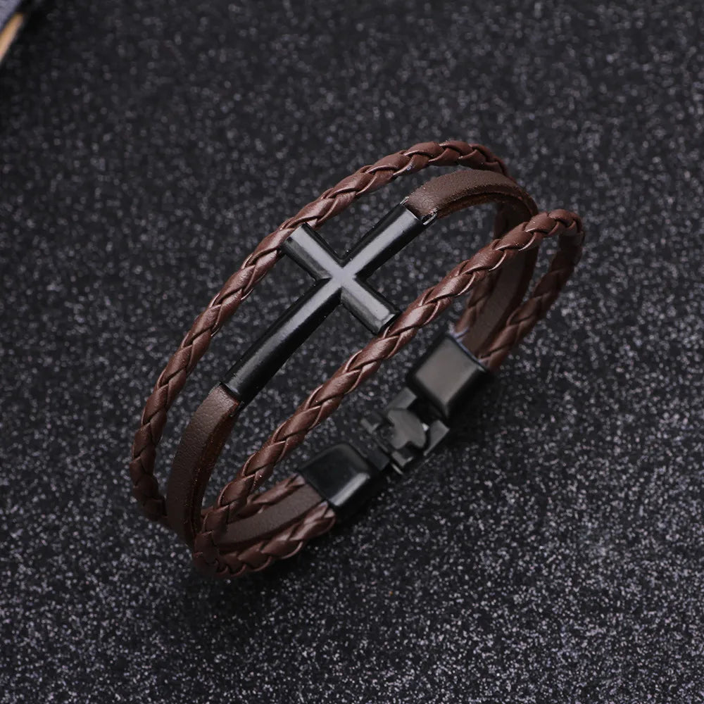 New Metal Cross Braided Leather Rope Three-Color Bracelet