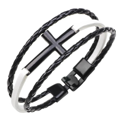 New Metal Cross Braided Leather Rope Three-Color Bracelet