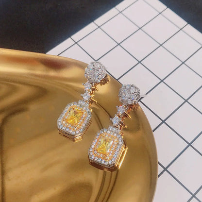 New Micro-inlaid Yellow Square Diamond Earrings Ear Jewelry