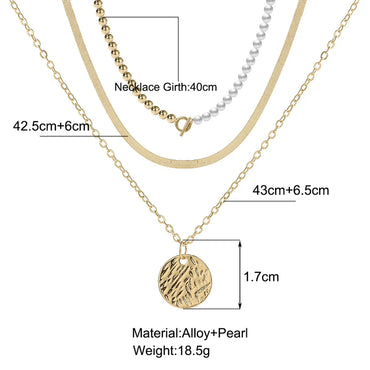 New Multilayered Coin Pendant Stitching Chain Pearl Necklace 3-Piece Set