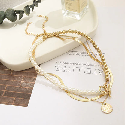 New Multilayered Coin Pendant Stitching Chain Pearl Necklace 3-Piece Set