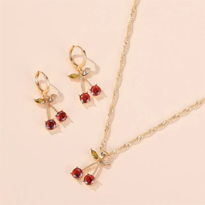 New Necklace Fashion Temperament Pomegranate Red Cherry Necklace Simple Wild Crystal Earrings Pendant Necklace Wholesale Gooddiy