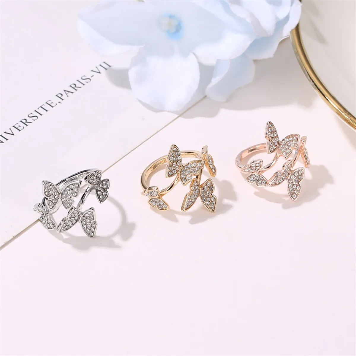 New Opening Ring Hand Ornament Full Diamond Four Butterfly Ring Finger Opening Ring Wholesale Gooddiy